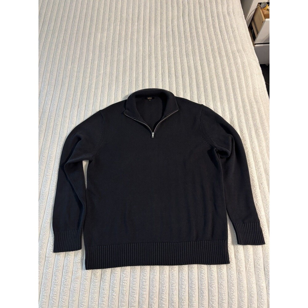 Quince 100% Organic Cotton Ribbed Stitch Quarter Zip Sweater Mens XL black fall